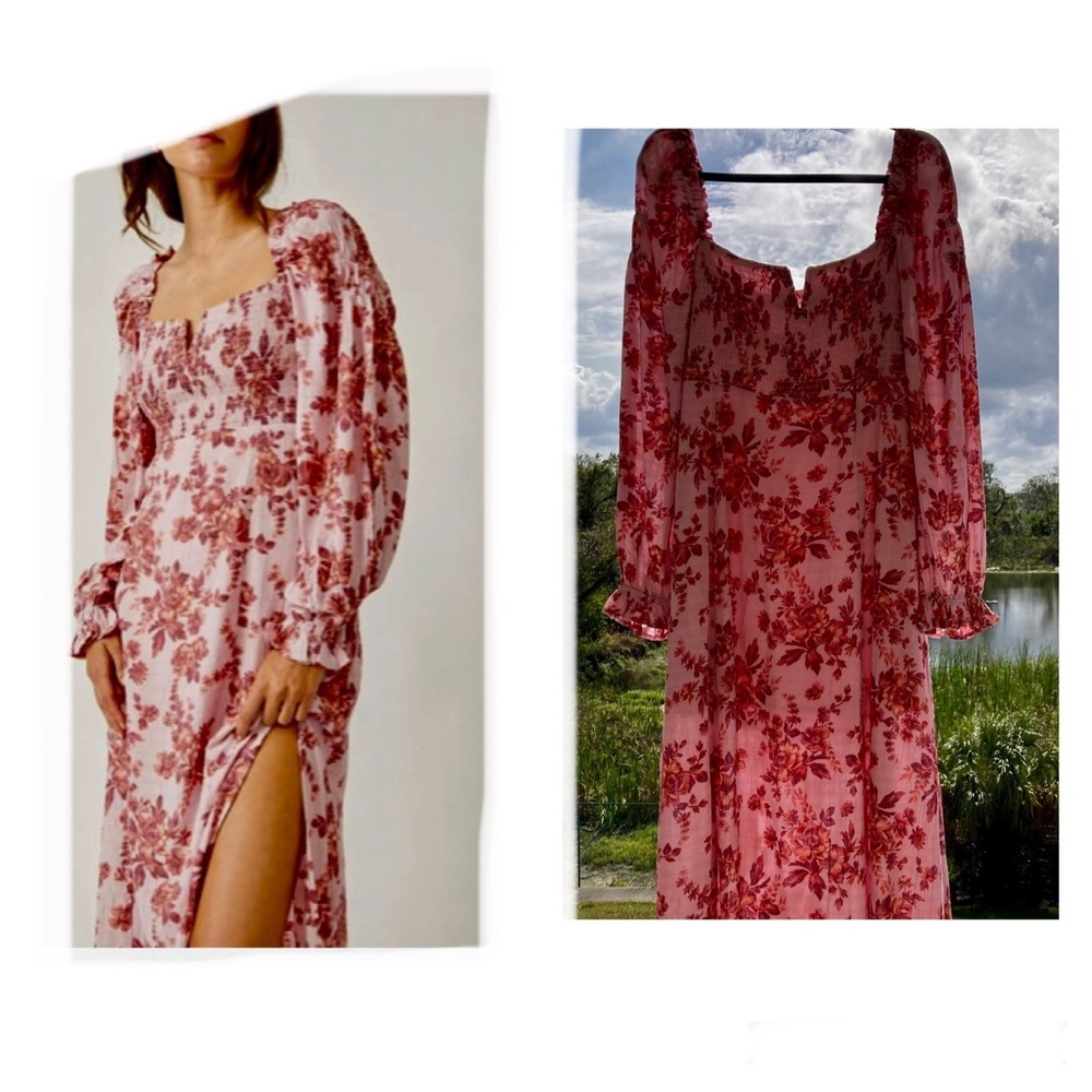 FREE People Jaymes Floral Print Square Neck Long Sleeves Midi Dress Sz M
